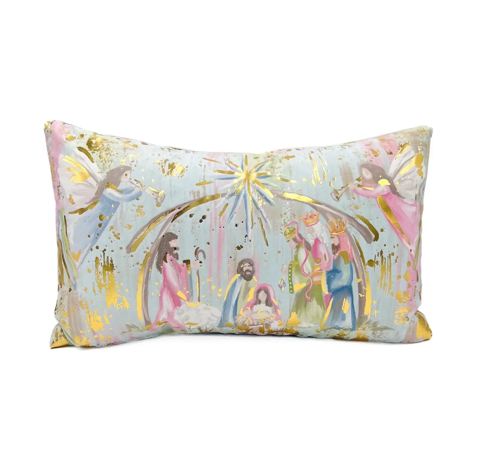 Gold Foil Pastel Nativity Pillow