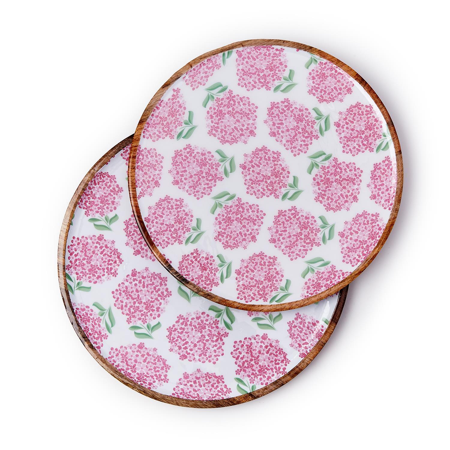 Hand-crafted Pink Hydrangea Wood Round Tray