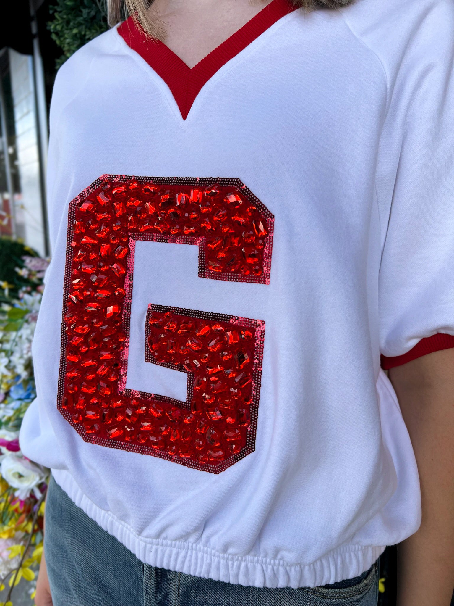 White & Red Jewel 'G' Bubble V Neck Top | Queen of Sparkles