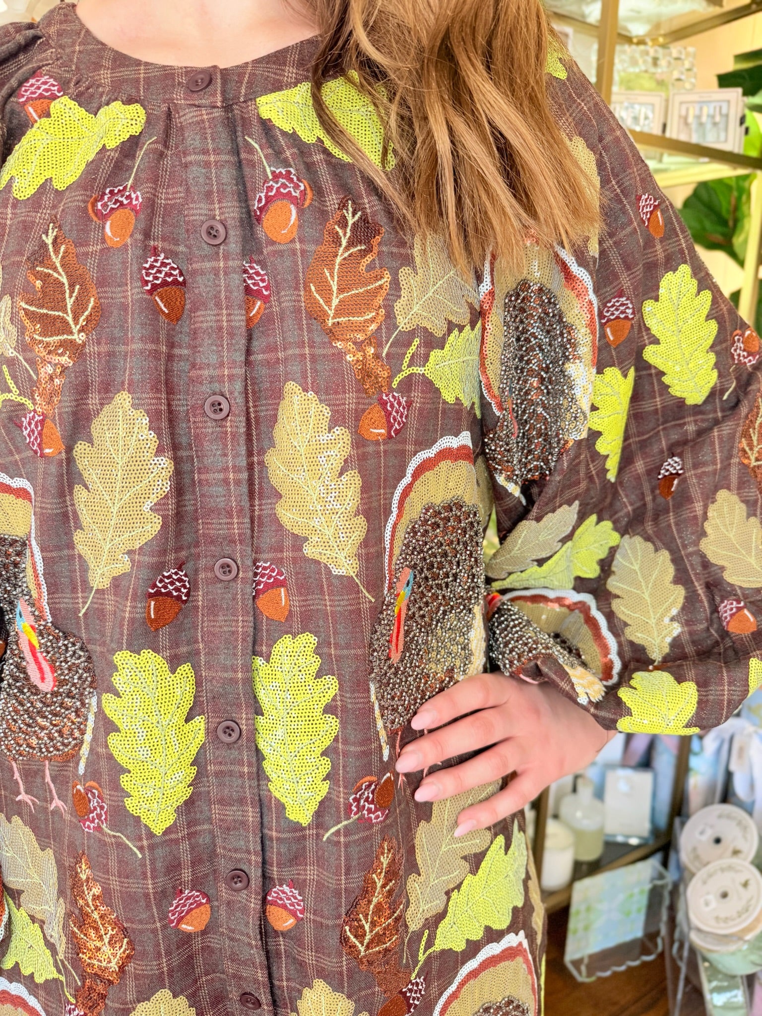 Brown Plaid Turkey & Leaves Button Up Long Sleeve Dress | Queen of Sparkles