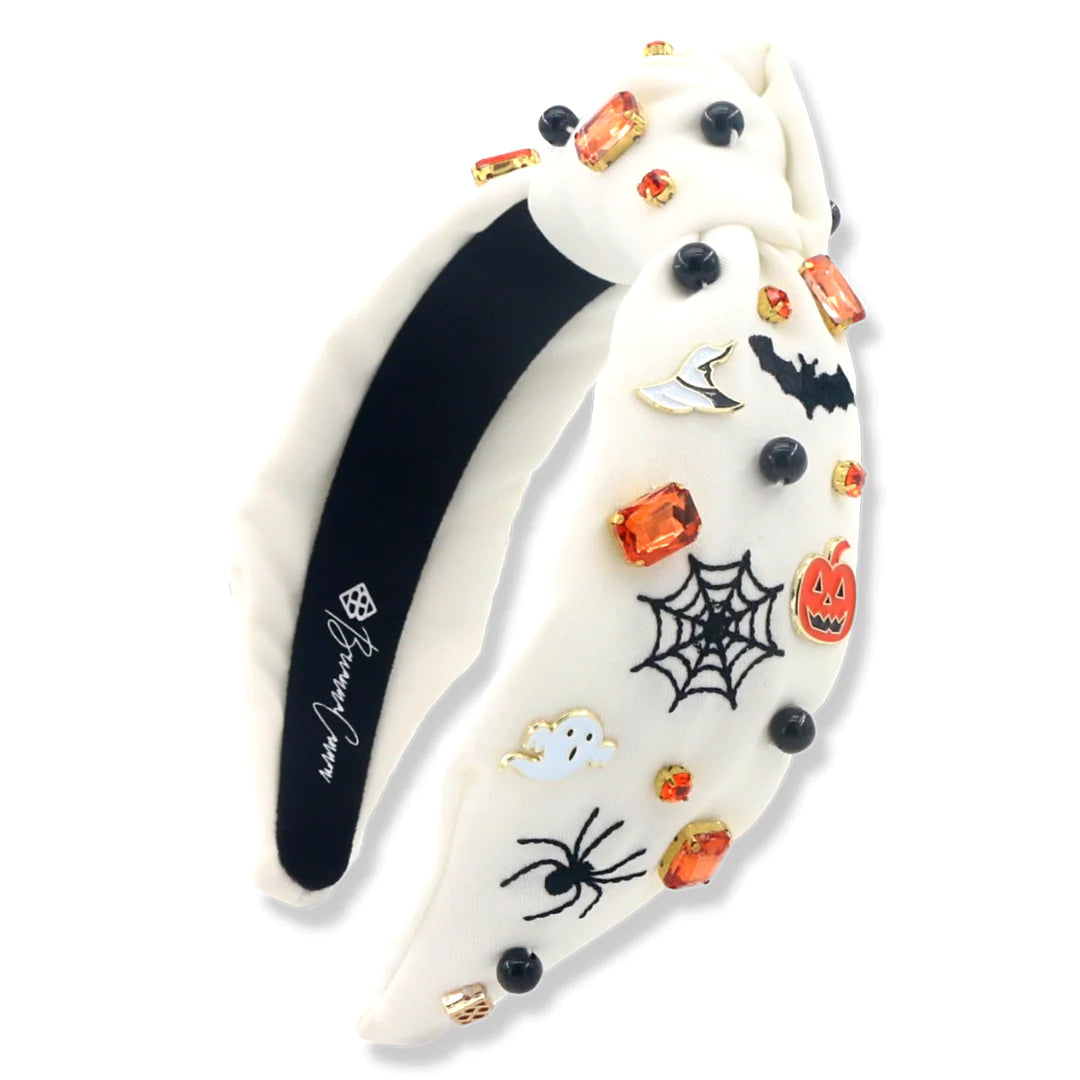White Headband with Halloween Embroidery, Charms,& Crystals | Brianna Cannon