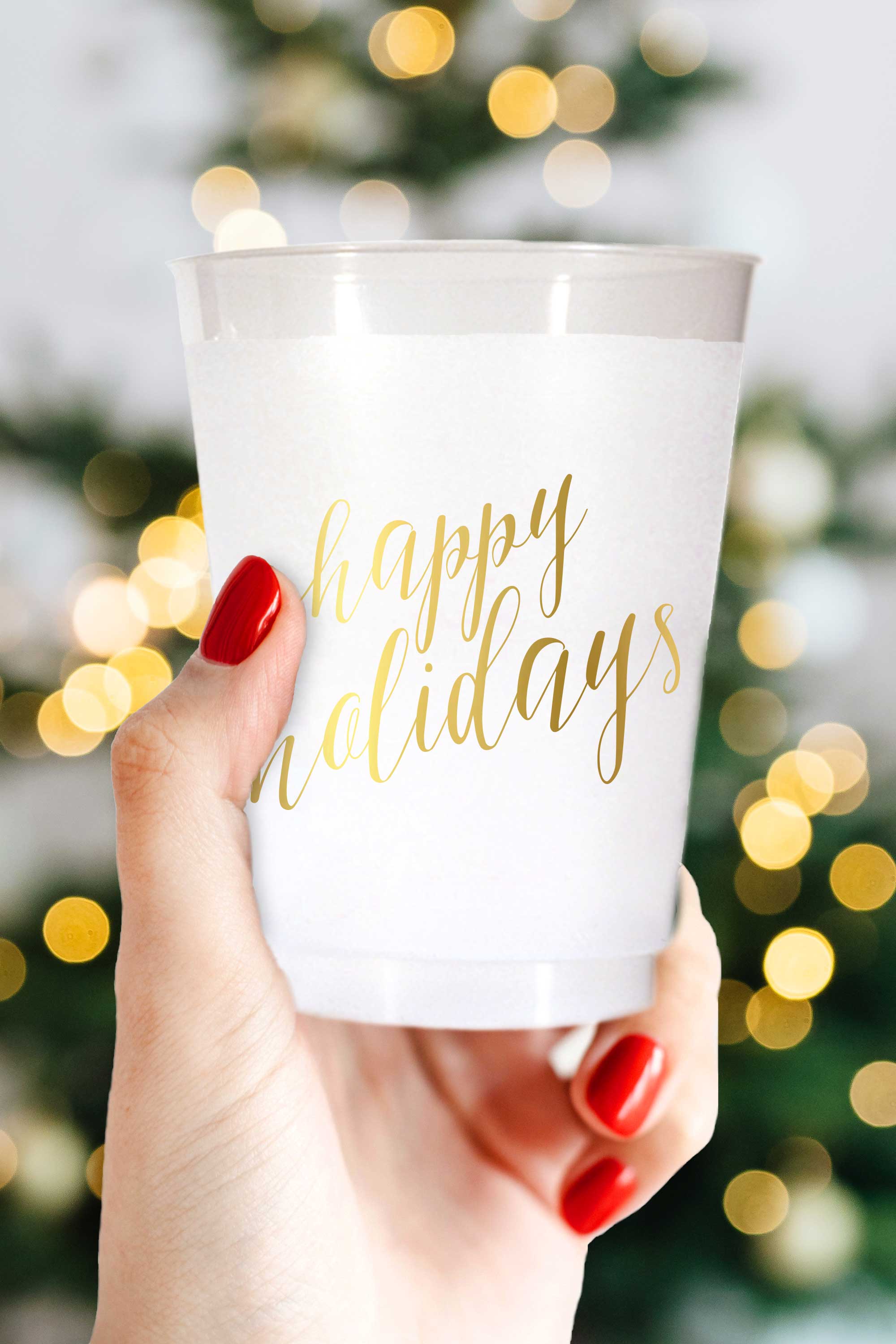 Happy Holidays Shatterproof Cups in Gold for Christmas