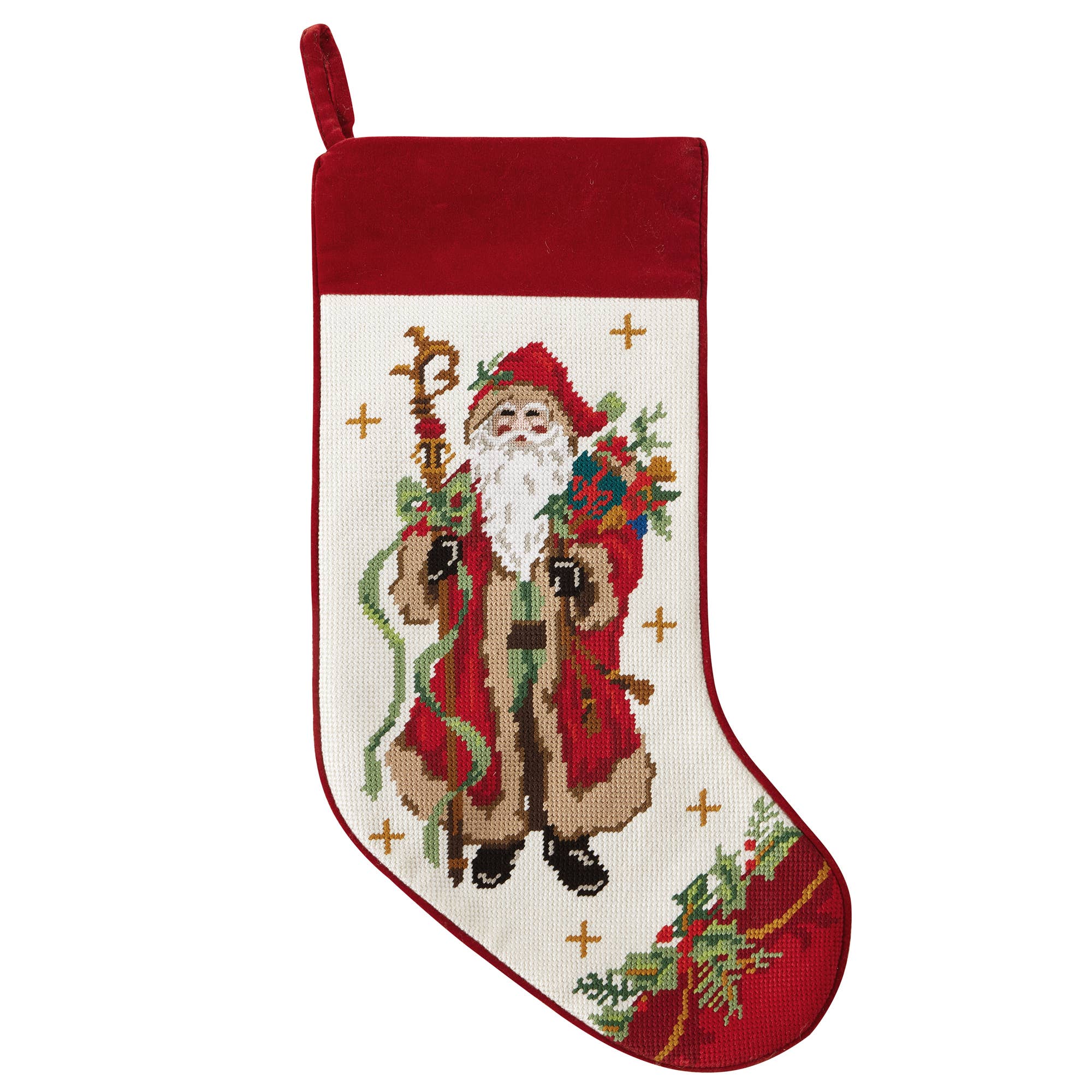 Santa w/Staff Embroidered Needlepoint Style Stocking