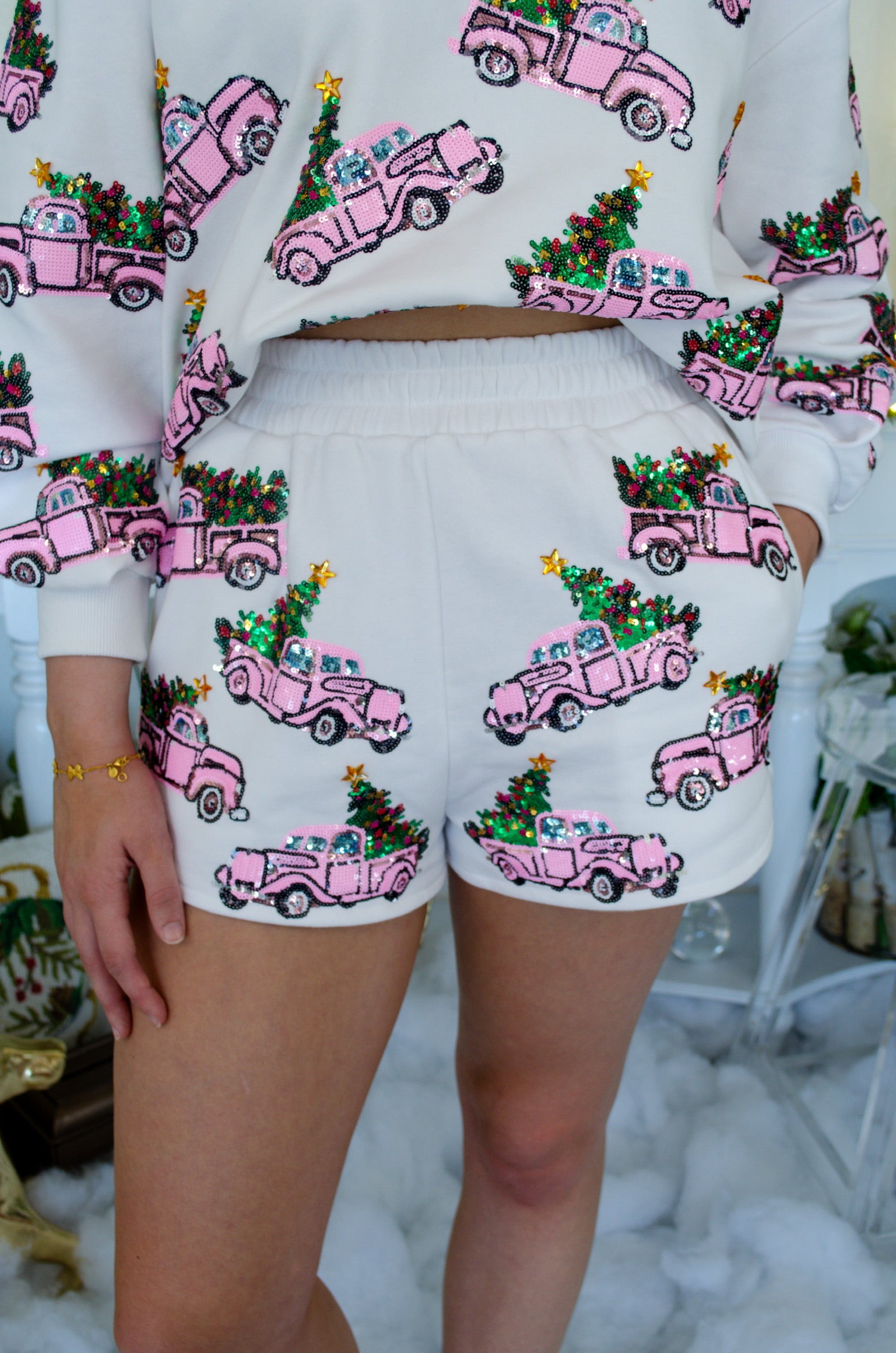 White Trucks With Christmas Trees Shorts | Queen of Sparkles