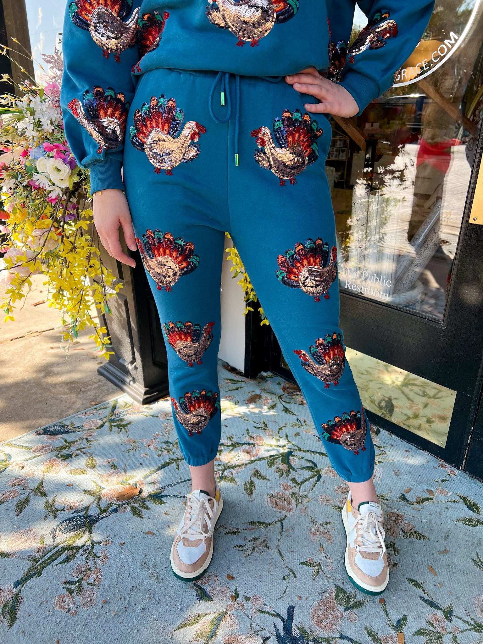 Dark Teal Beaded Turkeys All Over Joggers | Queen of Sparkles