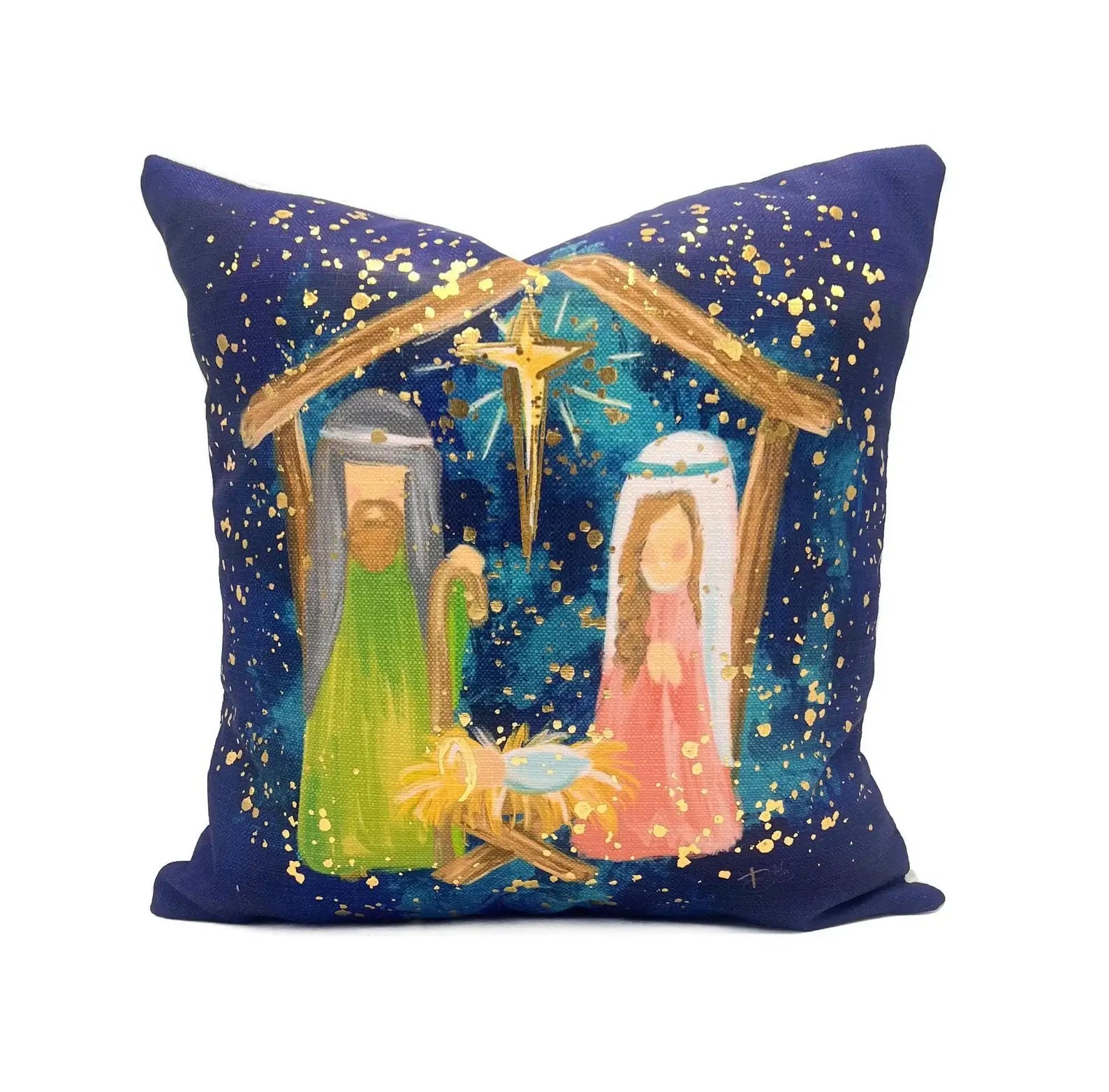 Golden Splatter Navy Nativity Velvet Pillow