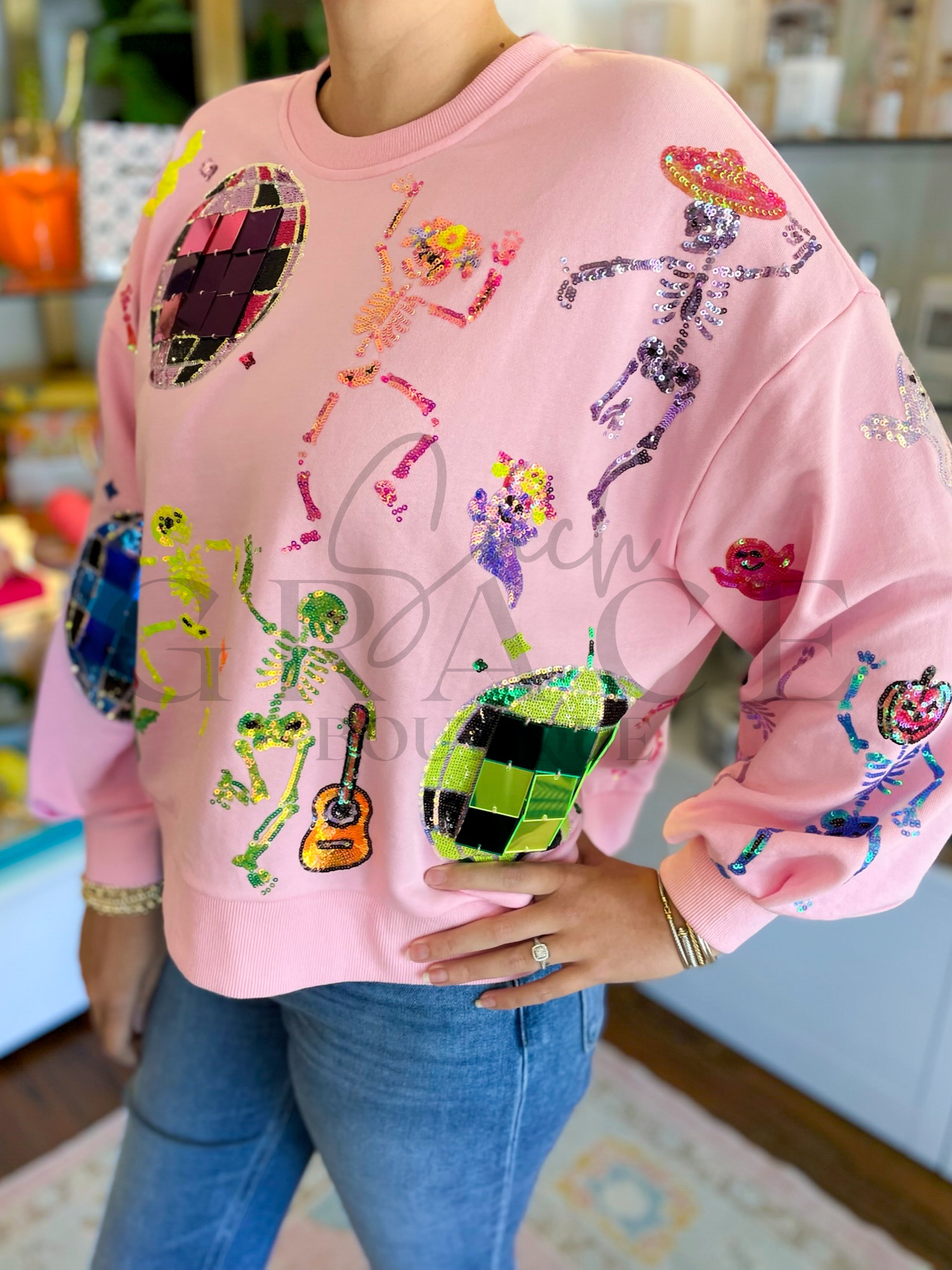 Pink Skeleton Disco Party Sweatshirt | Queen Of Sparkles
