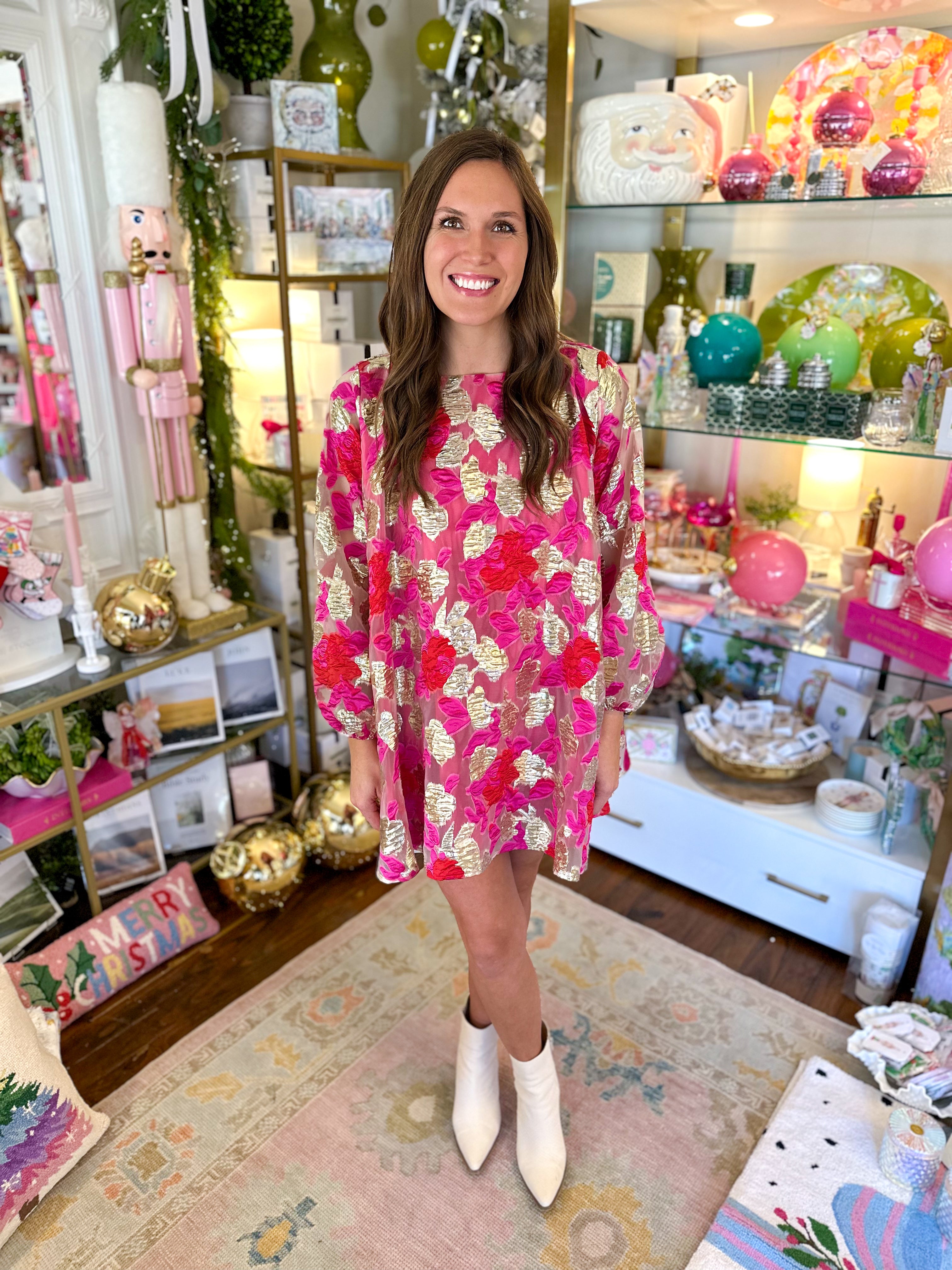 Bell Dress Pink and Gold Floral Brocade | Brianna Cannon
