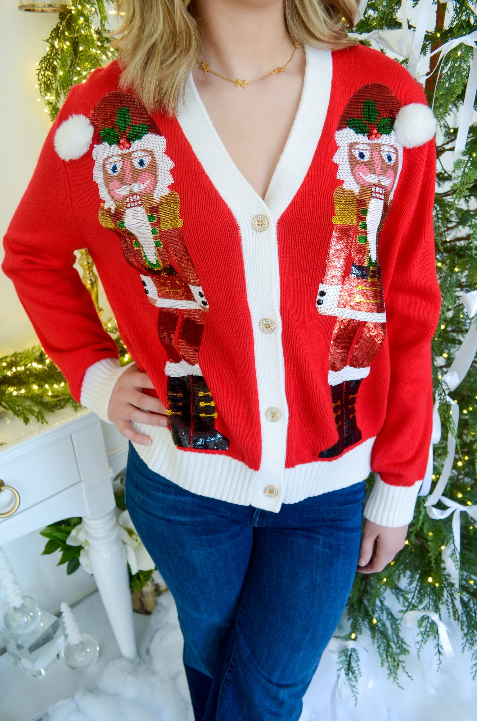 Red Santa Nutcracker Cardigan | Queen of Sparkles