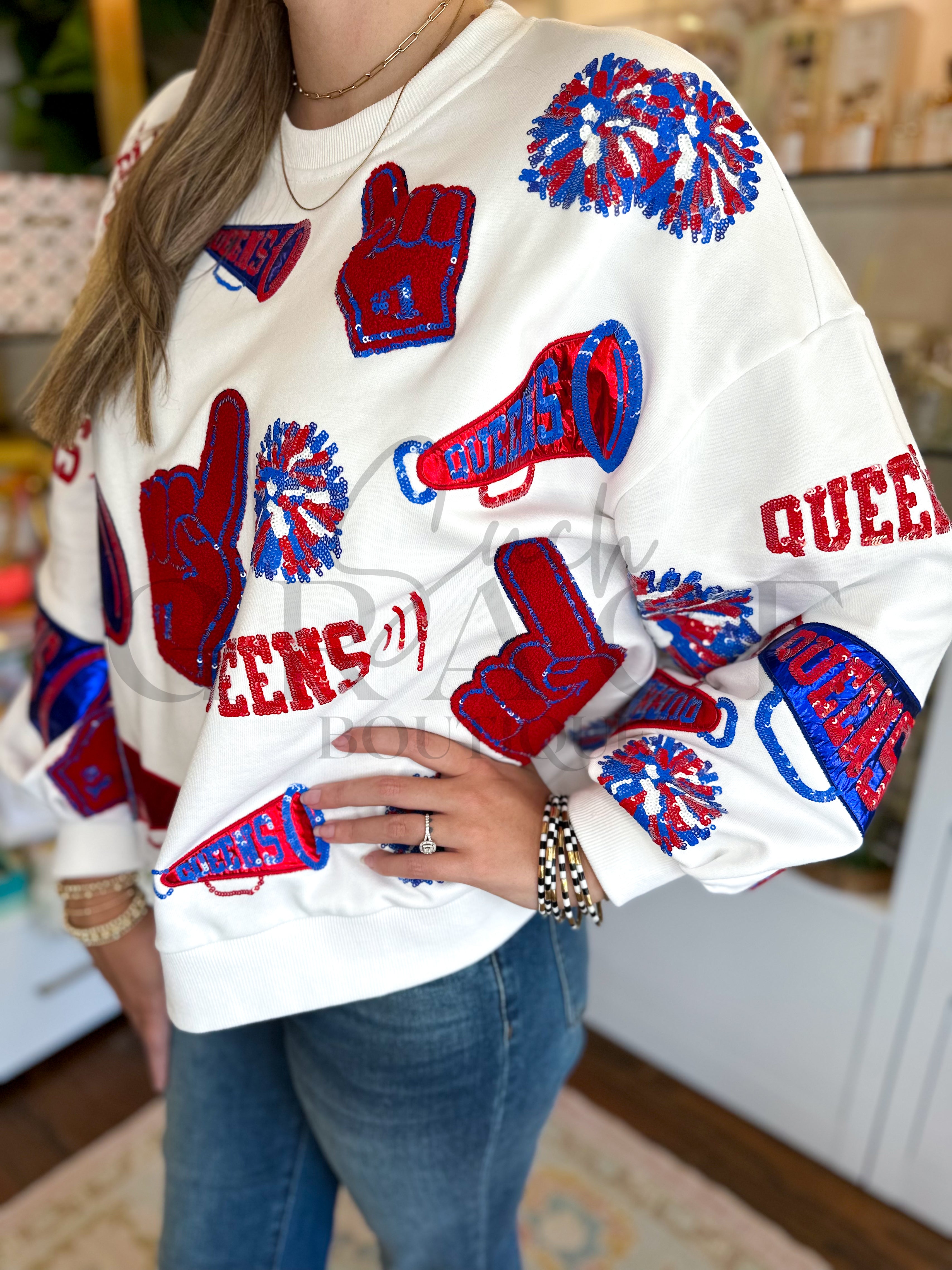 White, Red, & Royal Cheers Queen Icon Sweatshirt | Queen Of Sparkles