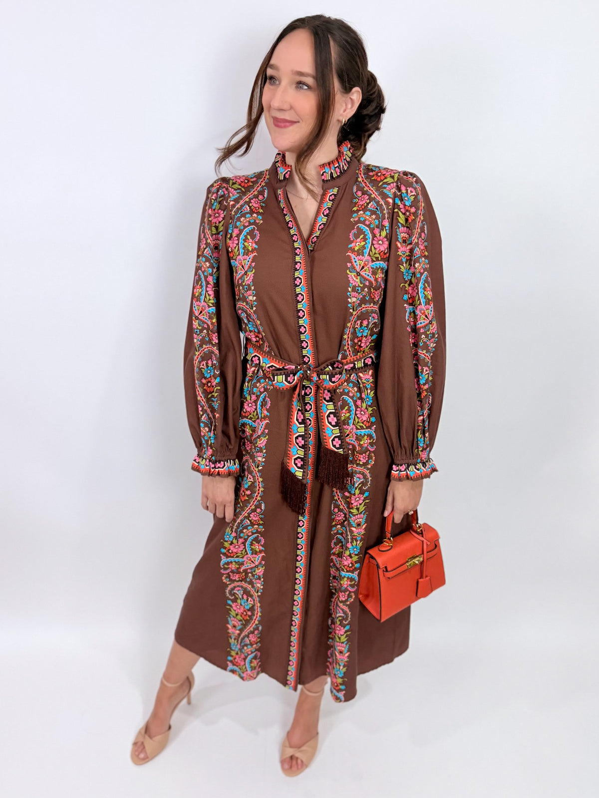 Long Sleeve Carlisle Dress in Brown Scroll | Elizabeth James