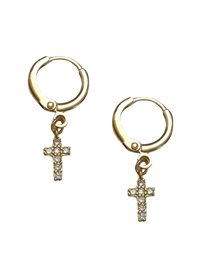 Pave Cross Huggie Earrings | Farrah B