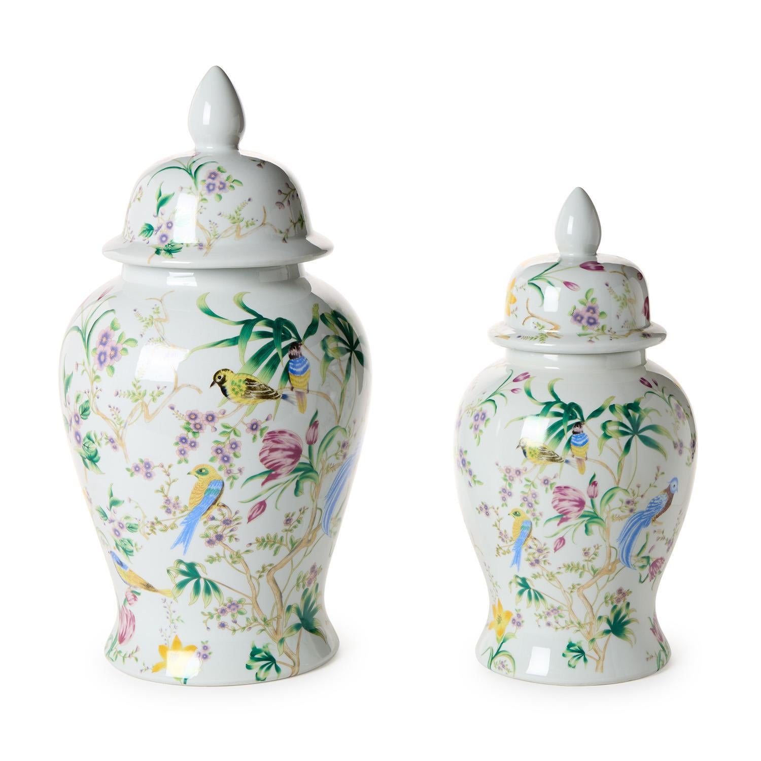 Bird & Blossom Chinoiserie Covered Temple Jar - Ceramic