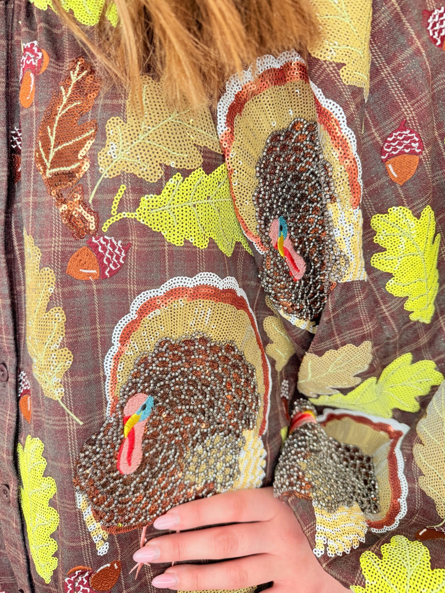 Brown Plaid Turkey & Leaves Button Up Long Sleeve Dress | Queen of Sparkles