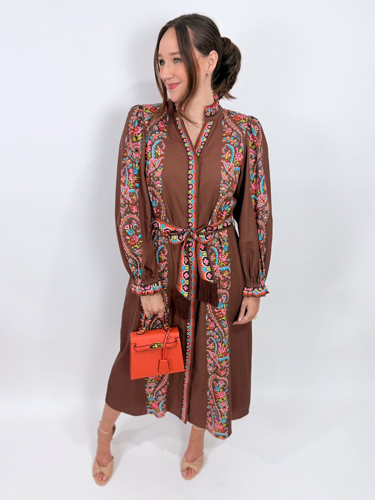 Long Sleeve Carlisle Dress in Brown Scroll | Elizabeth James