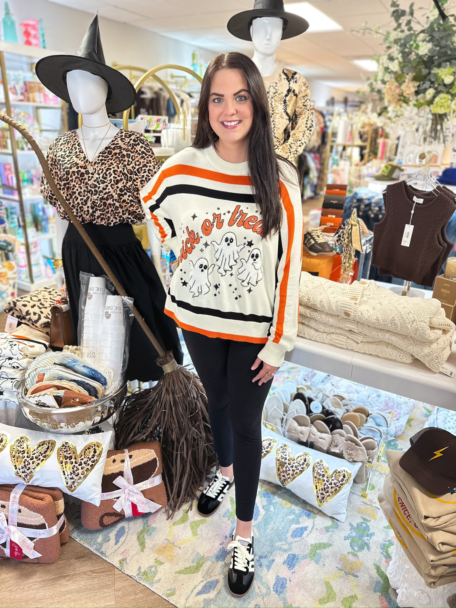 White, Black & Orange Stripe 'Trick or Treat' Long Sleeve Sweater | Queen of Sparkles