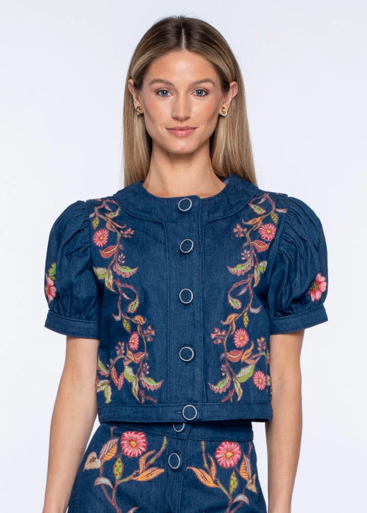 Coco Top in Denim Floral Embroidery | Elizabeth James