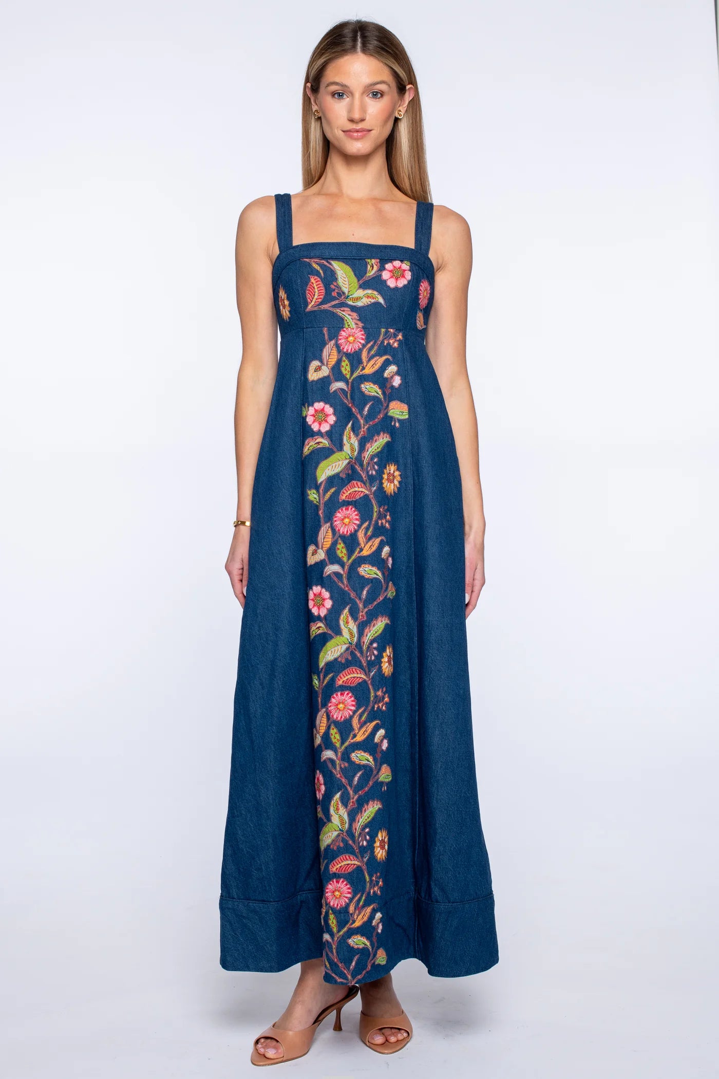 Annalisa Dress in Denim Floral Embroidery | Elizabeth James