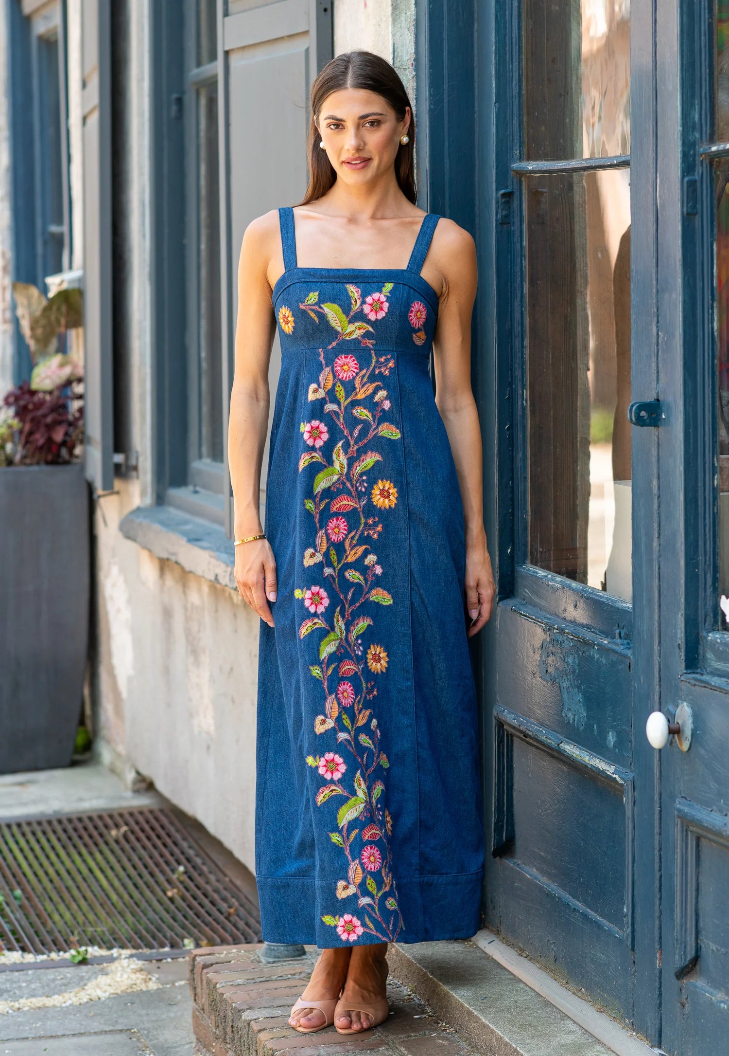 Annalisa Dress in Denim Floral Embroidery | Elizabeth James