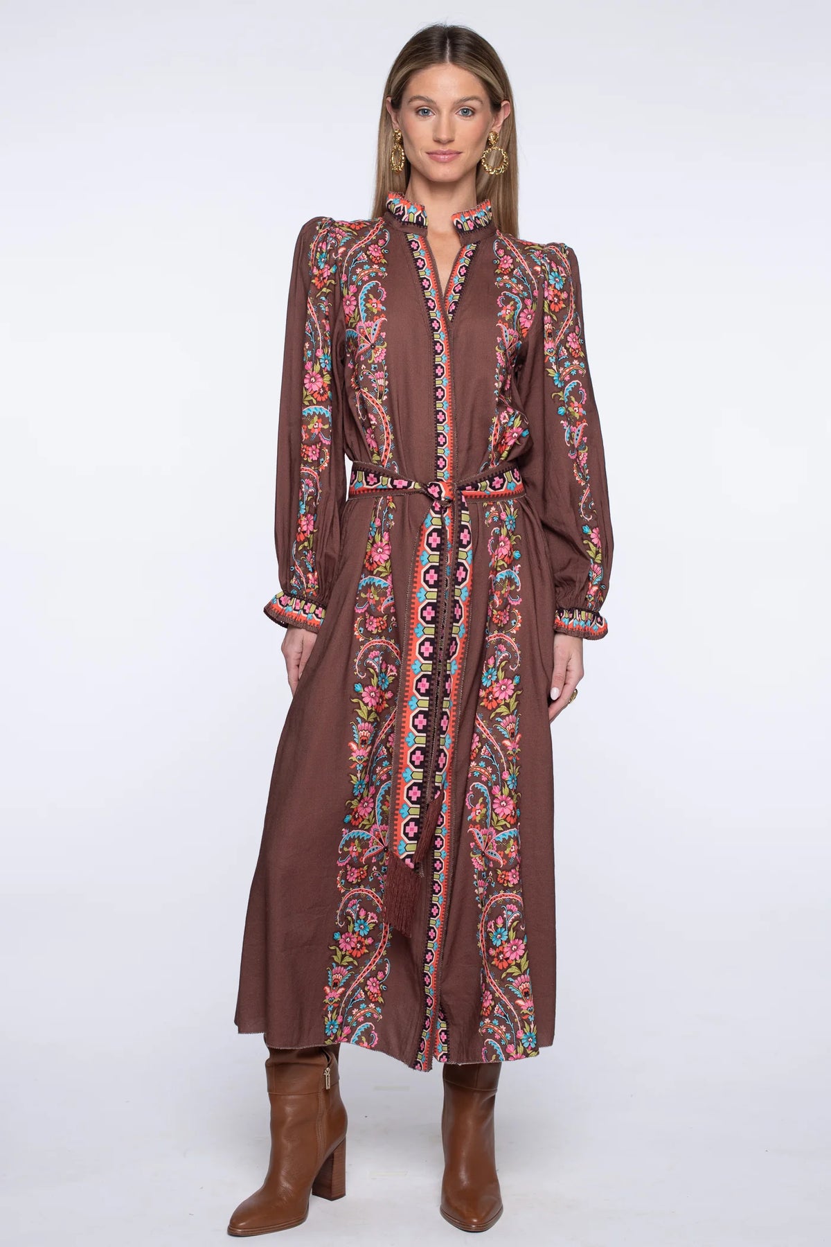 Long Sleeve Carlisle Dress in Brown Scroll | Elizabeth James