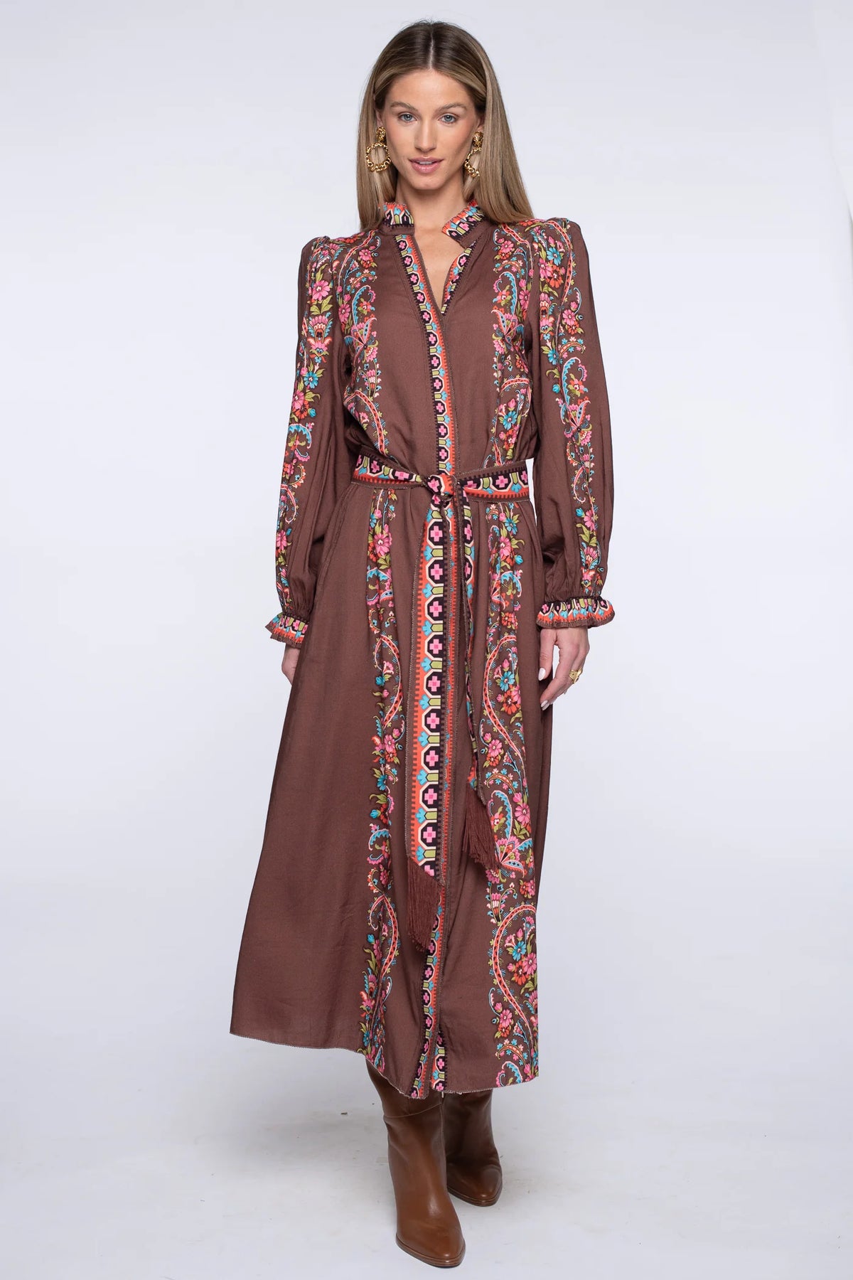 Long Sleeve Carlisle Dress in Brown Scroll | Elizabeth James