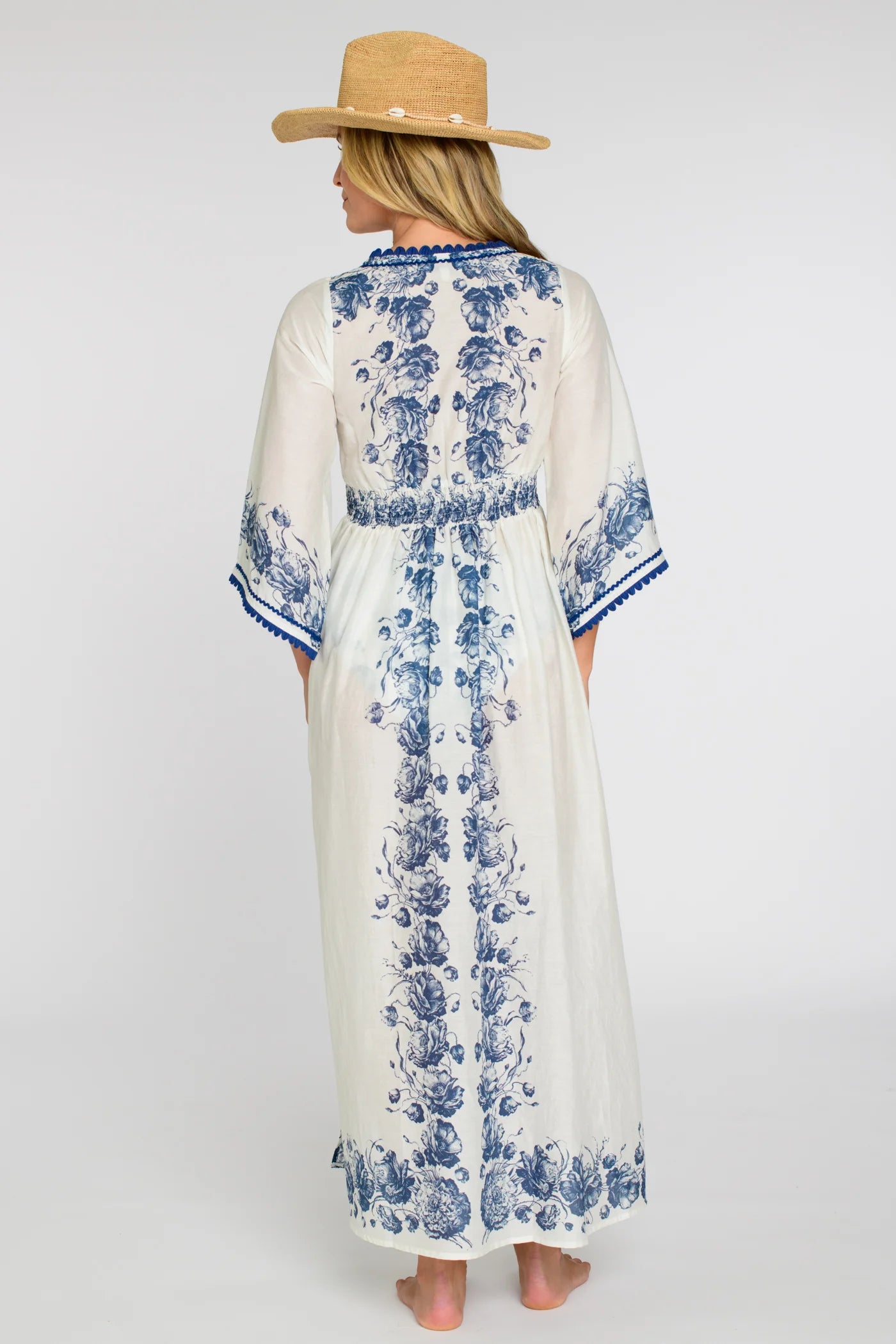 Astrid Caftan in Navy Tea Rose | Elizabeth James