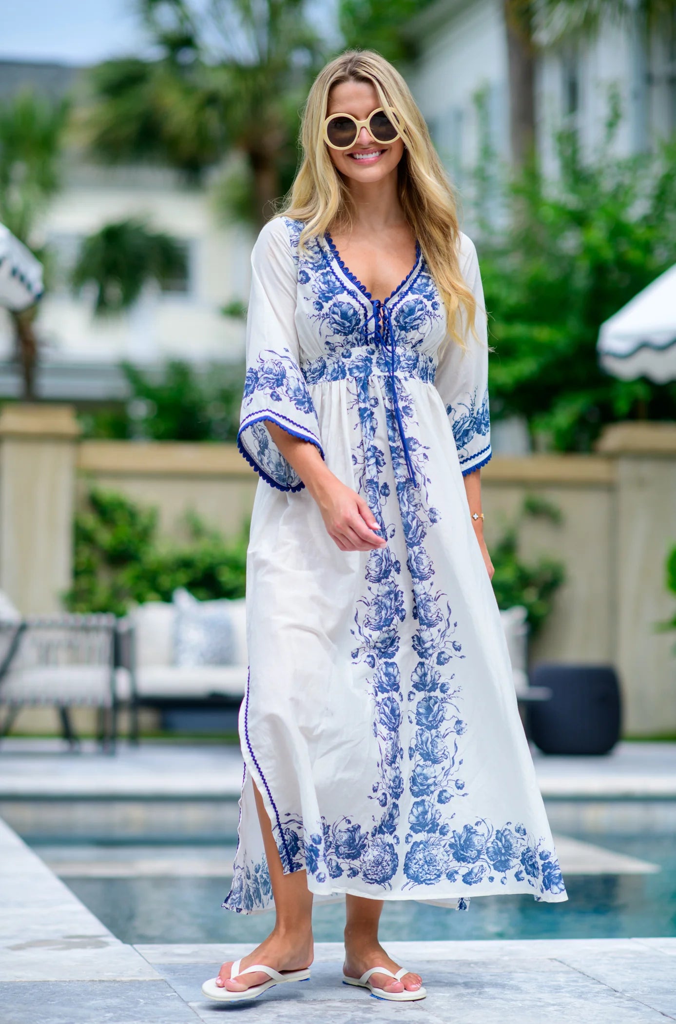 Astrid Caftan in Navy Tea Rose | Elizabeth James