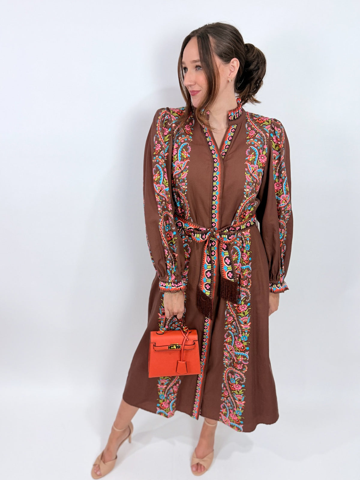 Long Sleeve Carlisle Dress in Brown Scroll | Elizabeth James