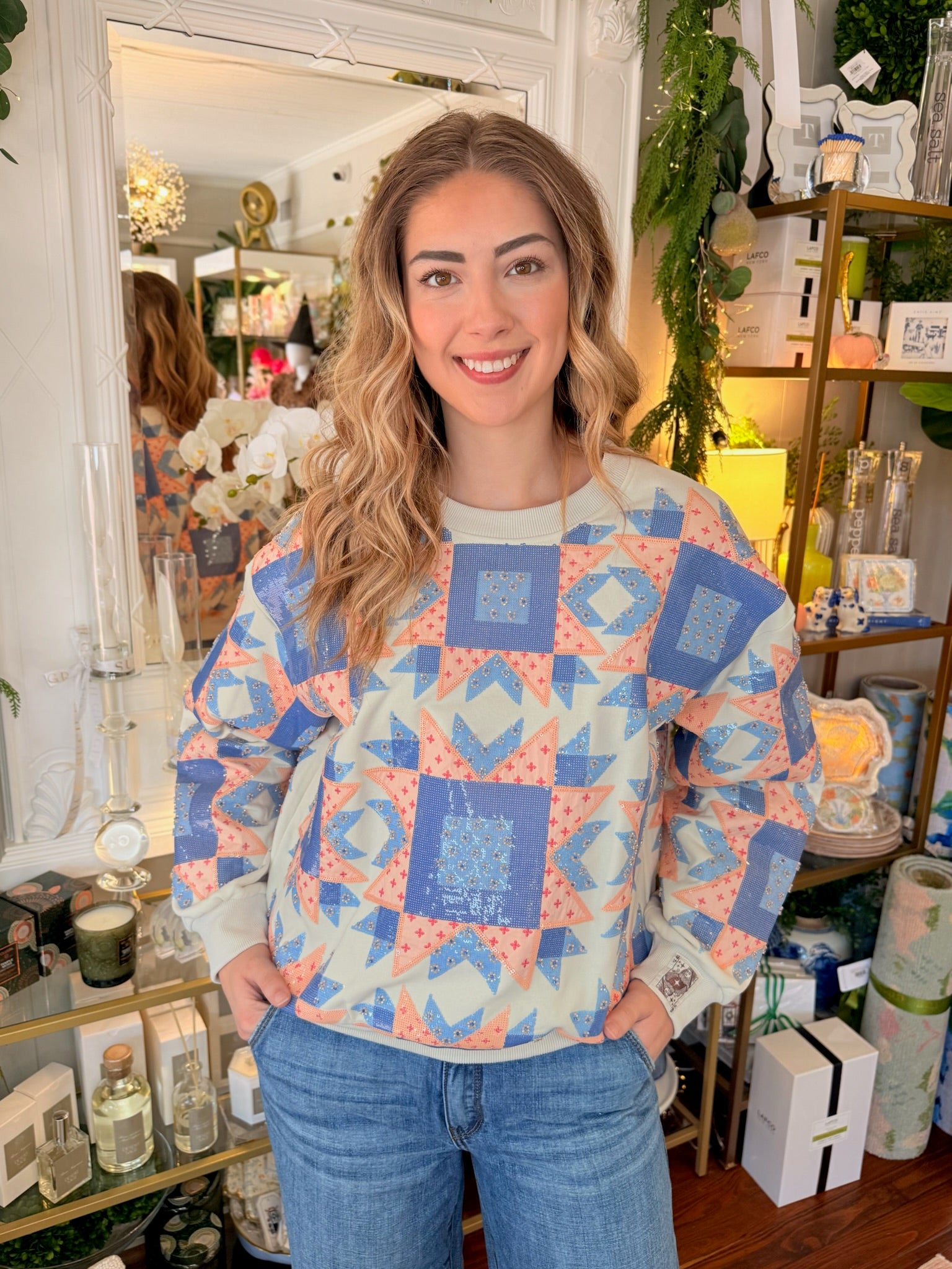 Ivory, Blue & Light Pink Patchwork Sweatshirt | Queen of Sparkles