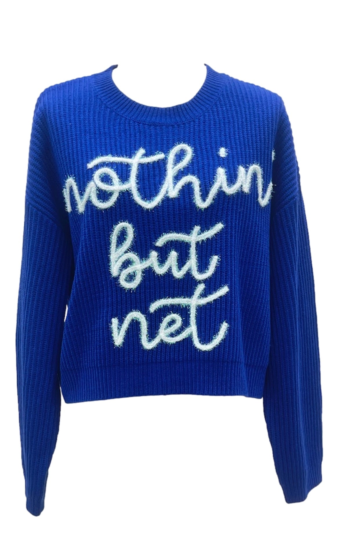 Royal Blue Nothin’ But Net Glitter Script Sweater | Queen of Sparkles