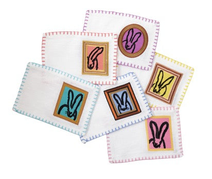 Framed Bunnies Embroidered Linen Cocktail Napkins | Hunt Slonem