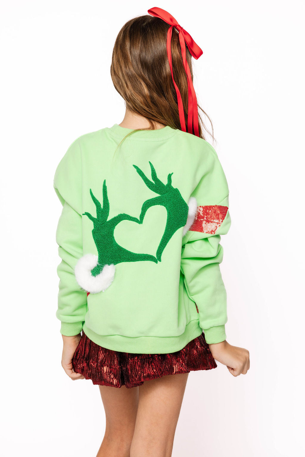KIDS Green Grinch Heart Hands Sweatshirt | Queen of Sparkles