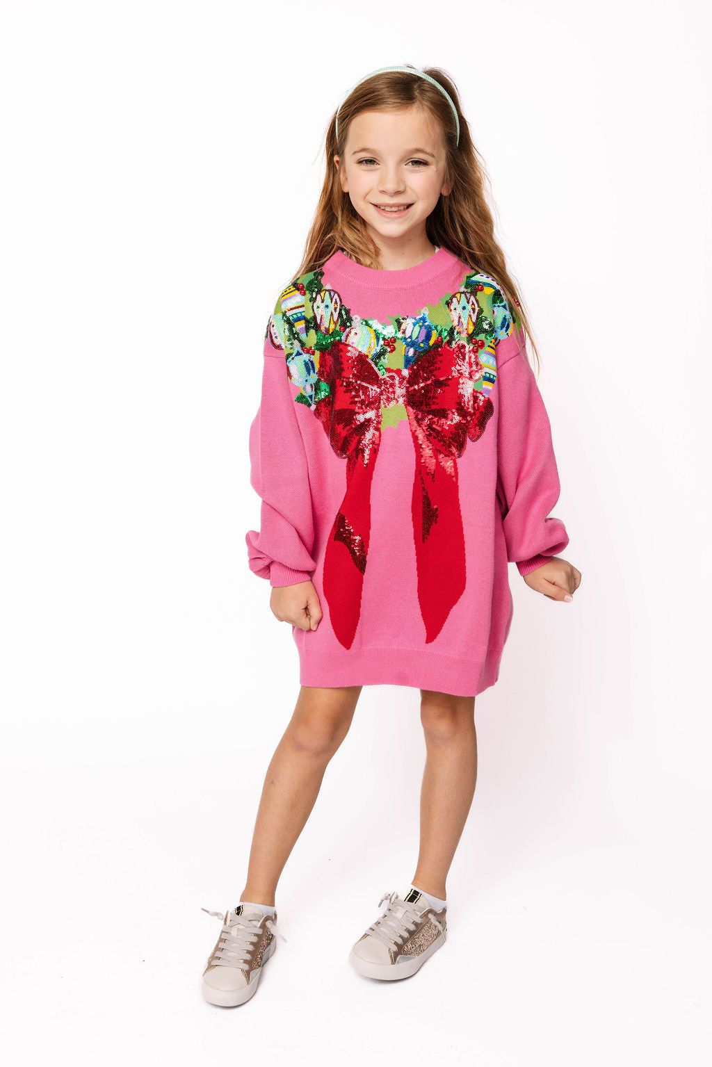 KIDS Bright Pink Multi Wreath Around Neck Sweater Dress | Queen of Sparkles