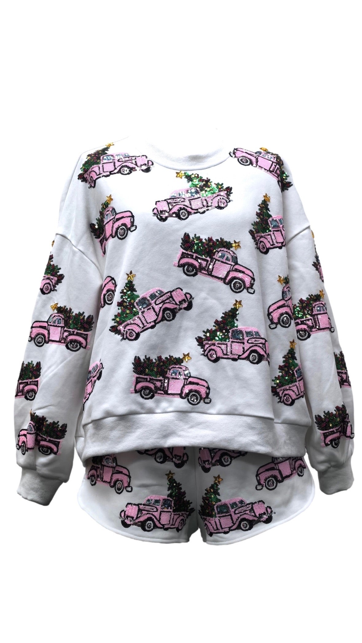 White Trucks With Christmas Trees Sweatshirt | Queen of Sparkles