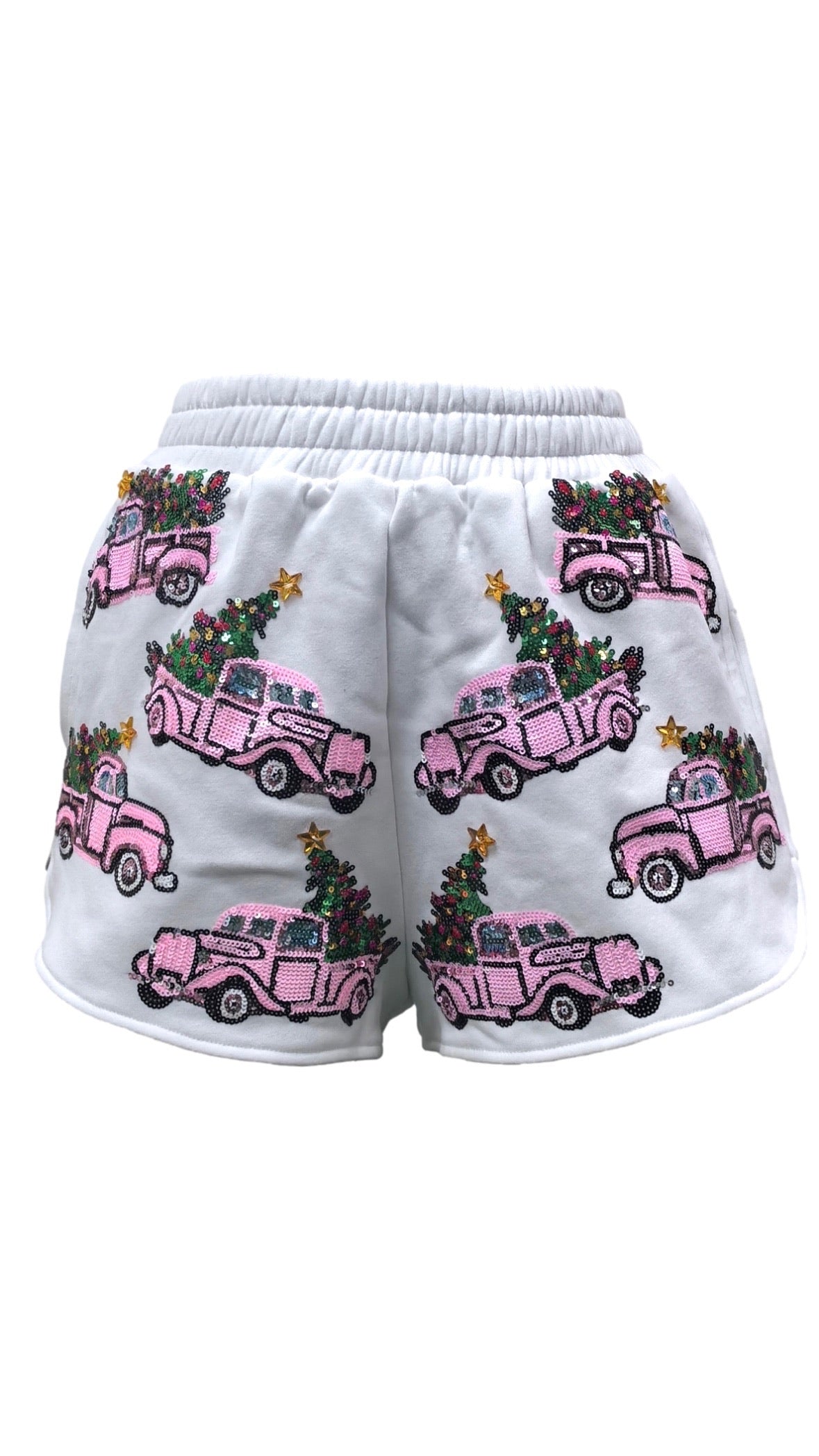 White Trucks With Christmas Trees Shorts | Queen of Sparkles