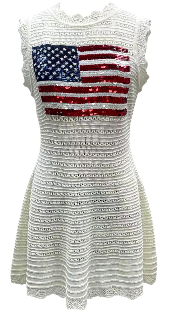 White Lace Knit American Flag Tank Dress | Queen of Sparkles