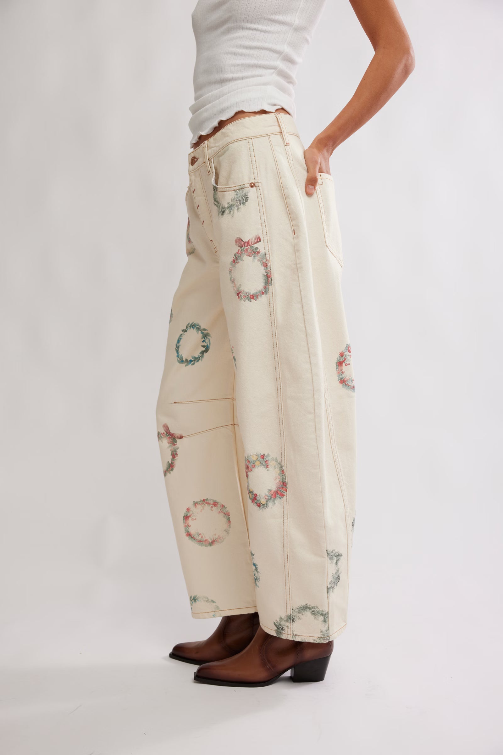 Good Luck Wreath Printed Barrel Jeans | Free People