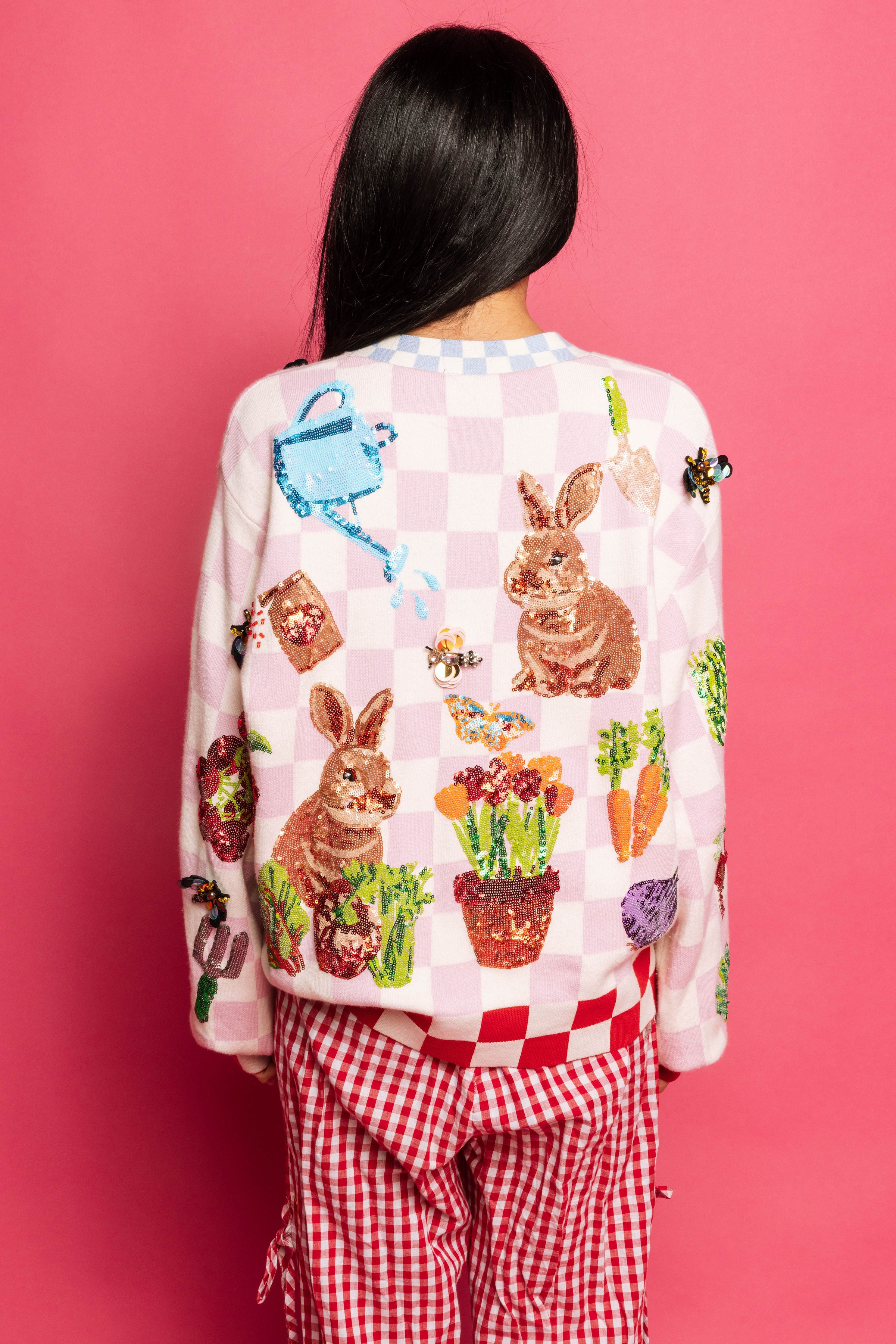 Pink & White Checkered Bunny Cardigan | Queen of Sparkles