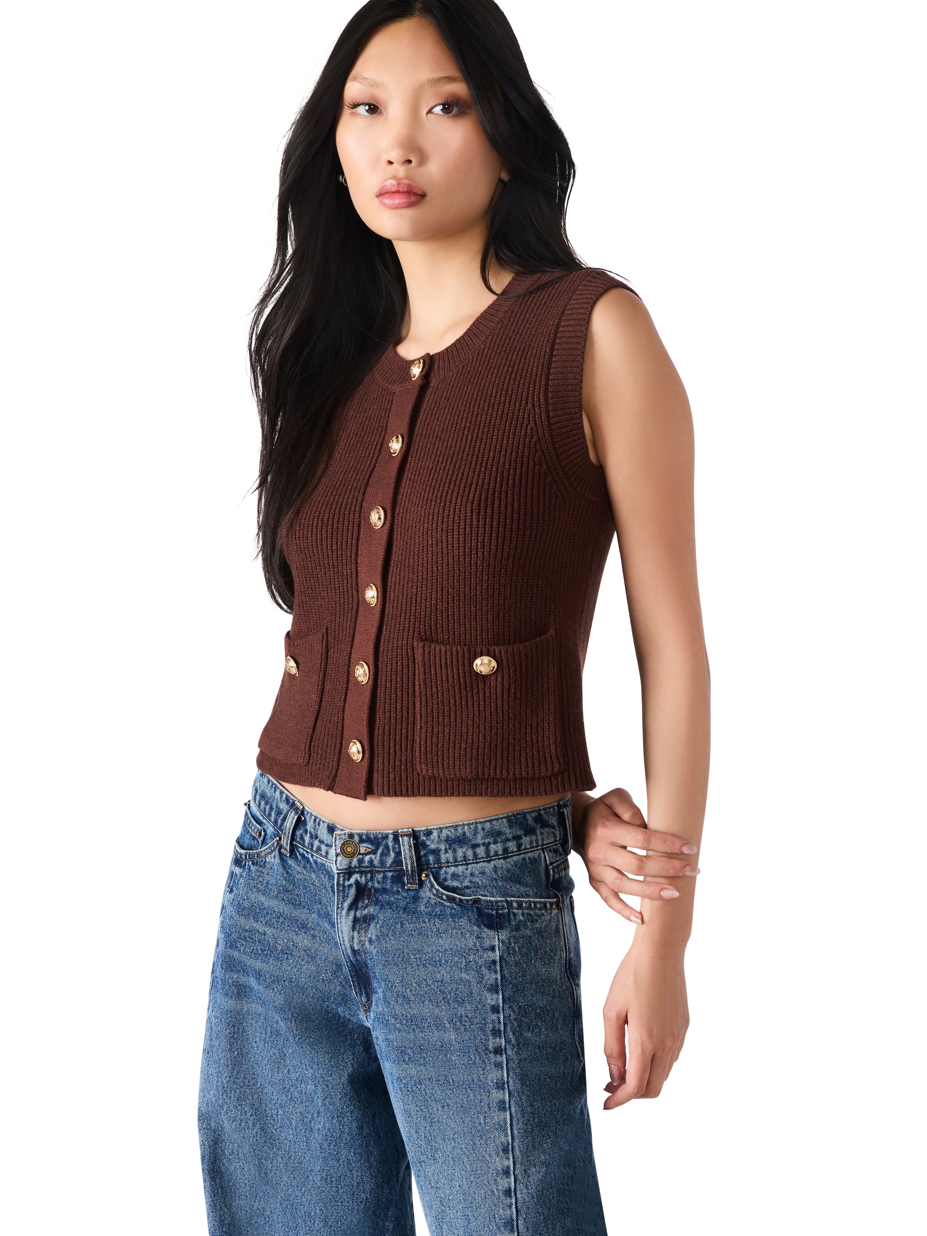 Aliya Sweater Vest - Chocolate | Steve Madden