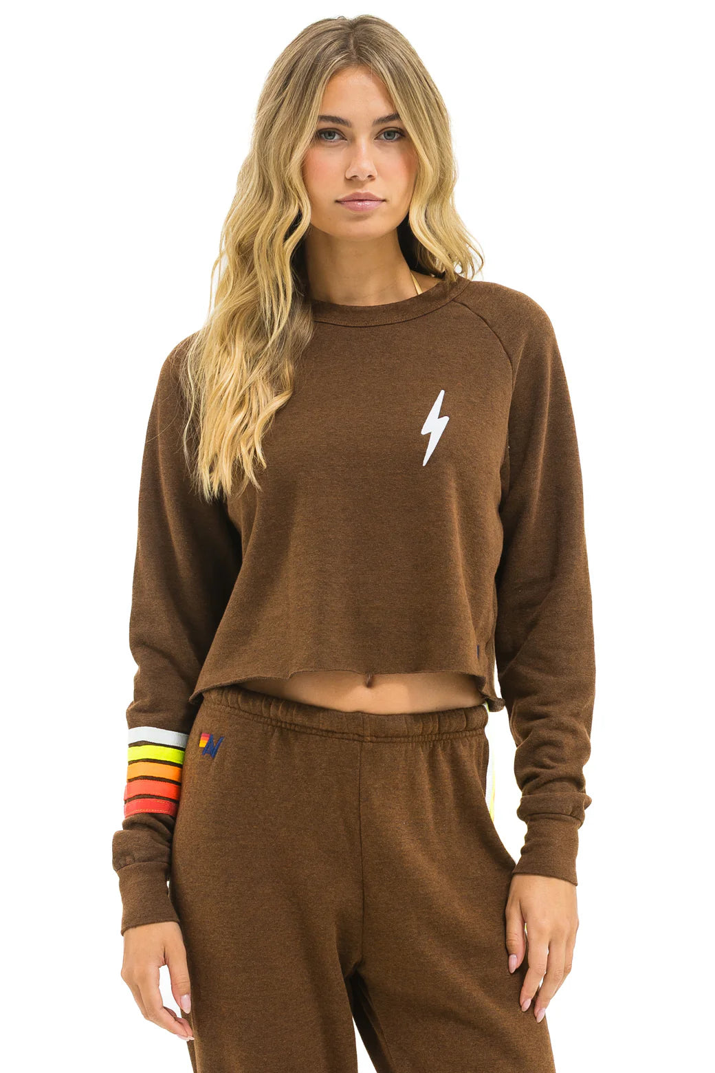 Bolt Rugby Stitch Cropped Crew Sweatshirt - Chocolate/White Neon | Aviator Nation