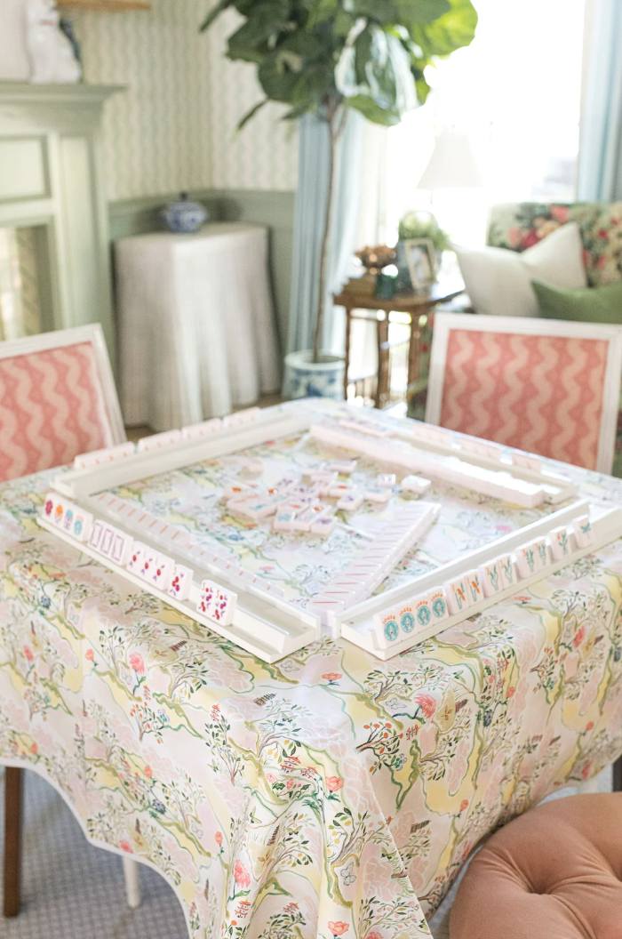 Scalloped Square Table Topper Pink Pagoda | Fenwick Fields