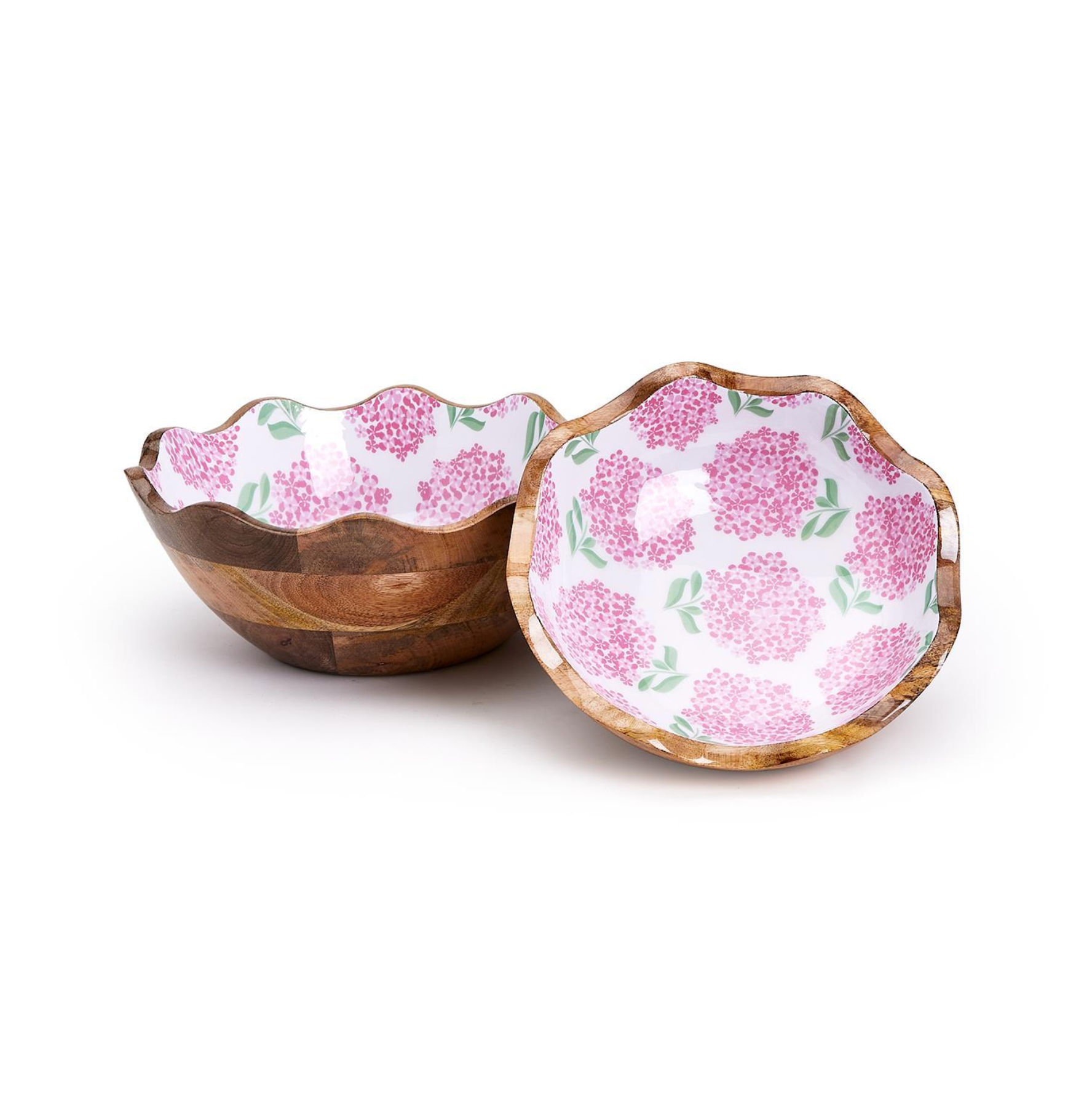 Hand-Crafted Pink Hydrangea Scalloped Edge Wood Bowl