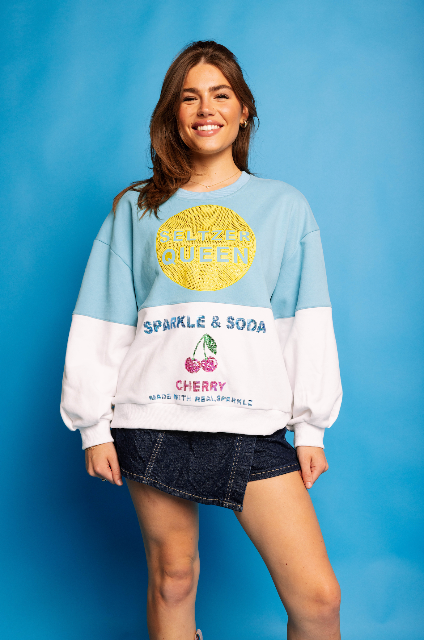 Aqua & White Colorblock Seltzer Queen Sweatshirt | Queen of Sparkles