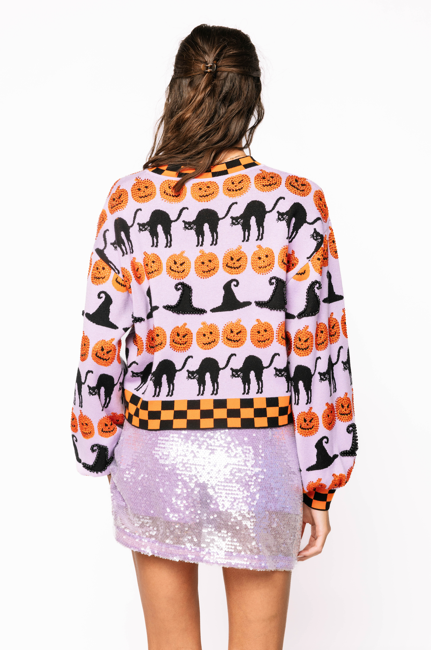 Lavender, Black & Orange Checker Trim Halloween Icon Sweater | Queen of Sparkles