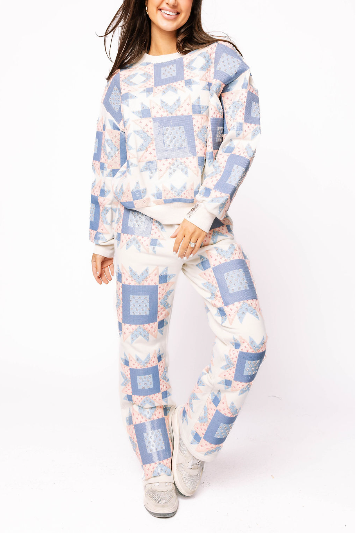 Ivory, Blue & Light Pink Patchwork Sweatshirt | Queen of Sparkles