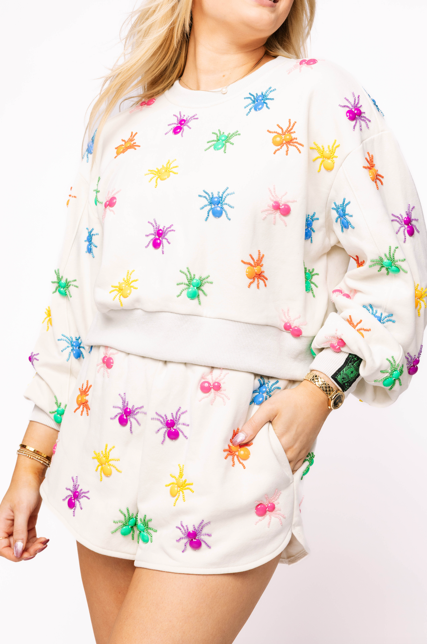 Ivory Multi Beaded Spider Sweatshirt | Queen of Sparkles