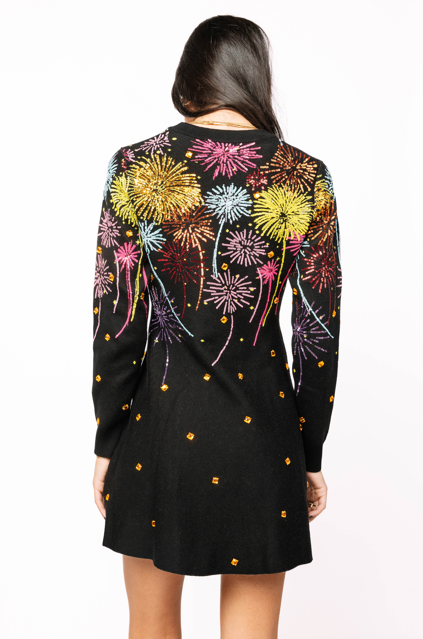Black Multi Rainbow Firework Jeweled Sweater Dress | Queen of Sparkles