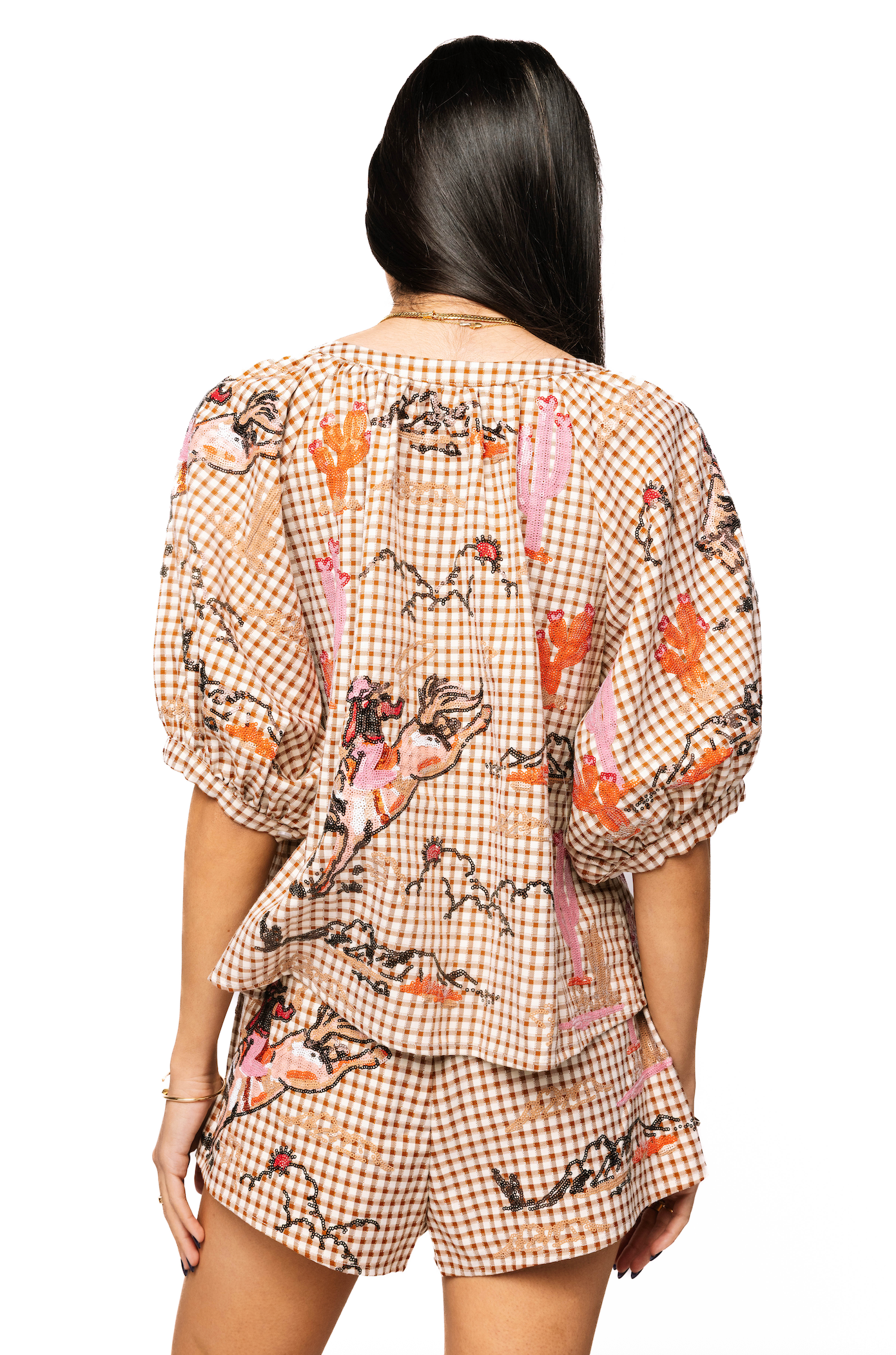 Brown Gingham Bucking Cowgirl Button Up Cotton Top | Queen of Sparkles