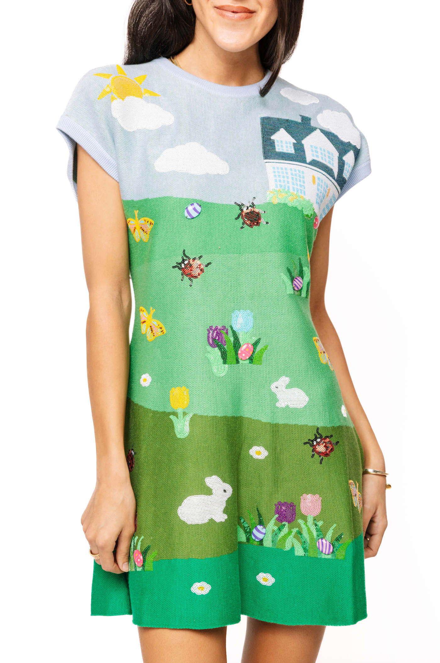 Multi Easter Bunnies & Eggs in Yard Scene Knit Short Sleeve Dress | Queen of Sparkles