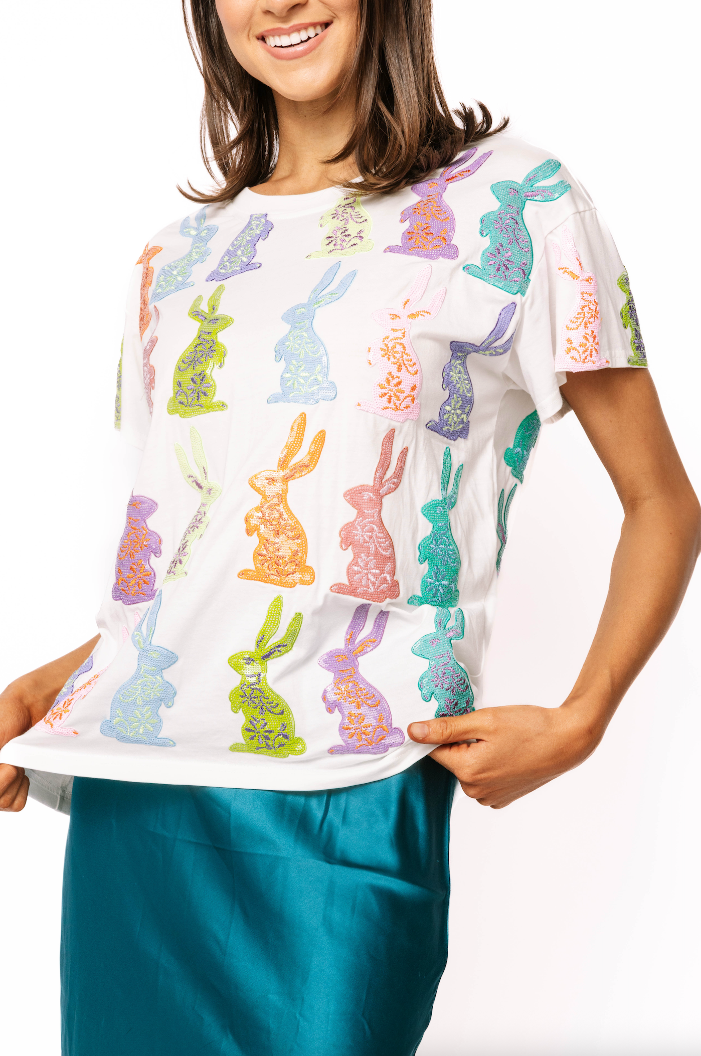 White Multi Easter Bunny Tee | Queen of Sparkles